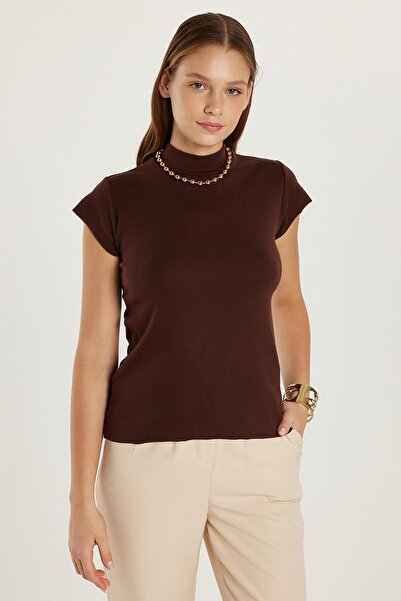 Tudors Kadın Modal Kumaş Standart Fit Dik Yaka Kahverengi Bluz