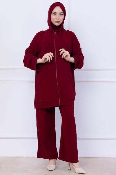 hafsamina Hooded Kangaroo Pocket Zippered Ayrobin Suit Claret Red Hm2731