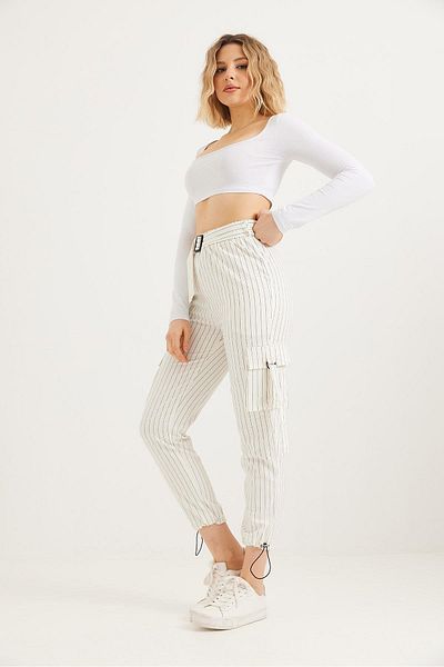 Raneel Kazançlı Alışveriş Elasticized Linen Trousers with Side Pockets White