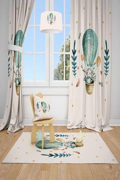 Talia Home Flying Balloon Elephant Patterned Background Curtain 2 Wings Tla-030