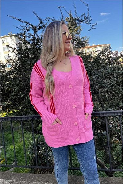 AYSL BUTİK Red Striped Pocket Cardigan