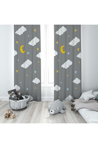 Talia Home Gray Sky Patterned Children's and Baby's Room Background Curtain 2 Wings Tla-294