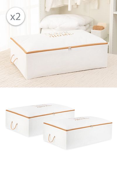 REKHOME Set of 2 White Beige Printed Mega Size Base under Bed Cabinet Pillow Quilt Sweater Clothes Bag
