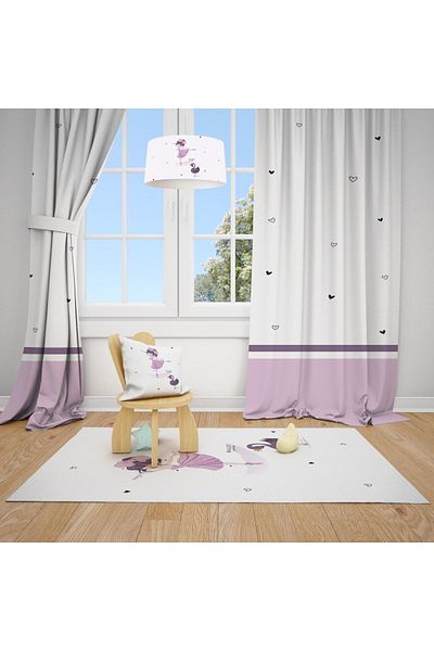 Talia Home Ballerina Swan Patterned Children's and Baby's Room Background Curtain 2 Wings Tla-290