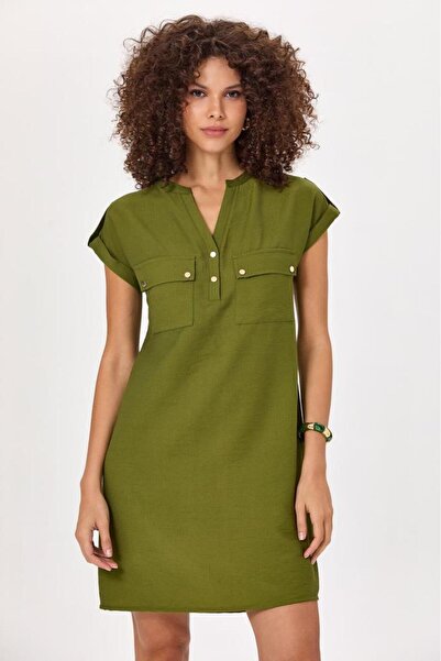 İKİLER Hakim Yaka Düşük Kol Cep Detaylı Elbise 025-4022