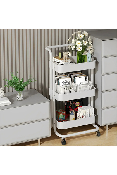 Herum Raft metalic cu 3 compartimente, mâner, roți, organizator, alb, 42 x 37 x 85 cm