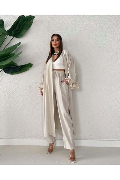 Holly Beez Bohemian Linen Kimono & Trousers Set with Tasseled Sleeves