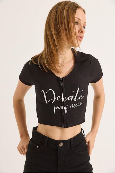 Raneel Kazançlı Alışveriş Collared Print Detailed Zippered Crop Blouse Black