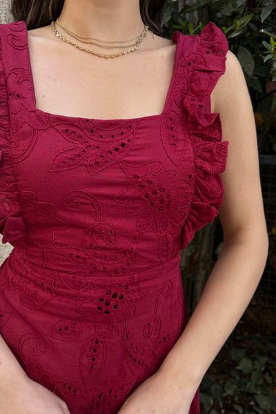 ASEDE Back Lace Detail Special Design Square Collar Lined Belted 100% Cotton Embroidered Fisto Dress