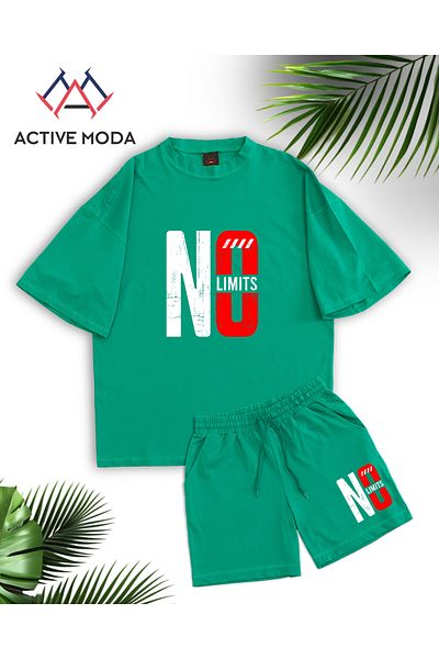ACTIVE MODA -قميص رجالي بأكمام قصيرة بدون طباعة - شورت طقم مكون من قطعتين مقاس كبير من القطن