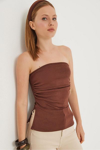 Raneel Kazançlı Alışveriş Gathered sides Slit stretchy strapless blouse brown