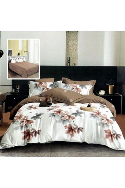 Pucioasa Double Bed Linen Made of Finet, Duvet Cover 200x220cm, 6 Pieces Set, Brown/Grey Leaves