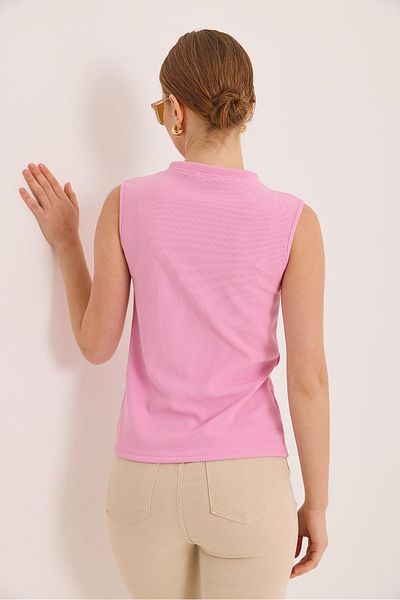 Raneel Kazançlı Alışveriş Crew Neck Gold Buttoned Ottoman Corded Blouse Pink