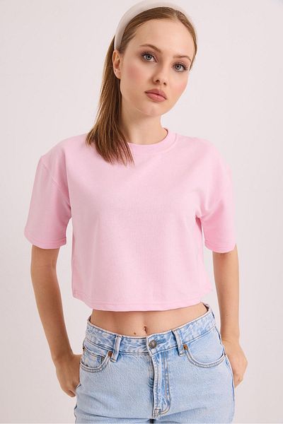 Raneel Kazançlı Alışveriş Crew Neck Two Thread Crop Blouse Light Pink