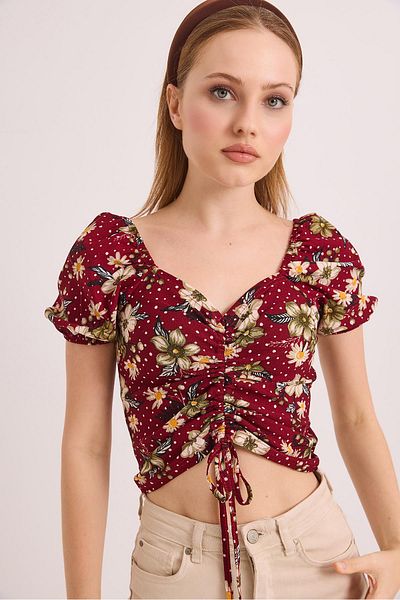 Raneel Kazançlı Alışveriş Patterned Princess Sleeve Front Gathered Blouse Burgundy