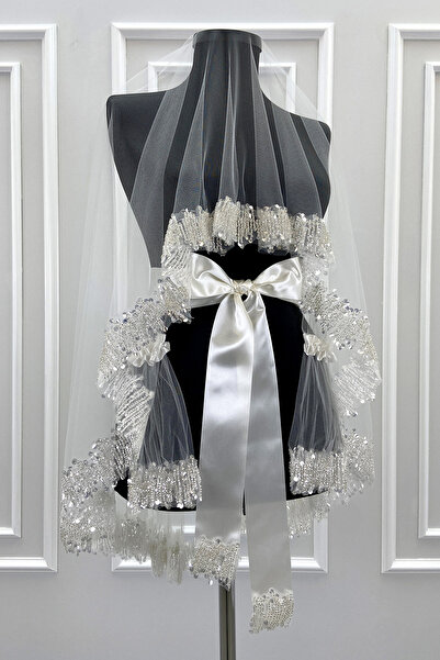 ZEYMERADE Beyaz Gelin Duvak Seti, Işıl Işıl Kristal Cam Boncuk Ve Pul İşlemel...