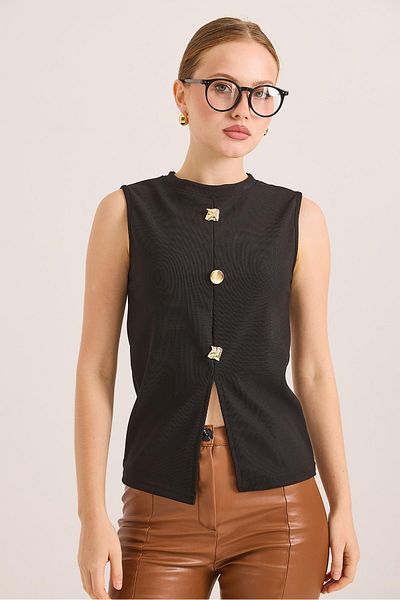 Raneel Kazançlı Alışveriş Crew Neck Gold Buttoned Ottoman Corded Blouse Black
