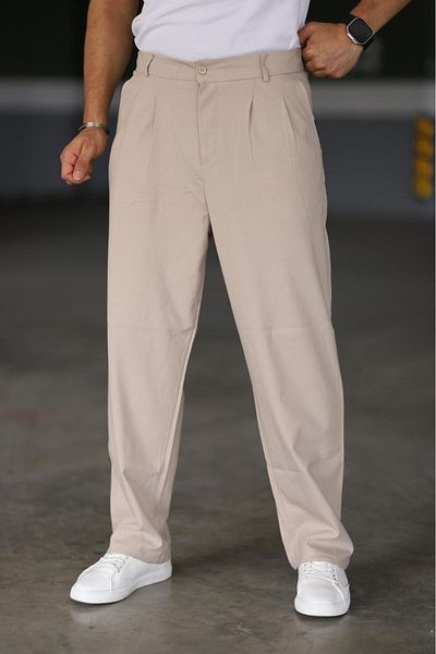 Mamlay Men's Baggy Double Pleated Beige Color Elastic Waist Classic Loose Wide Leg Baggy Pants