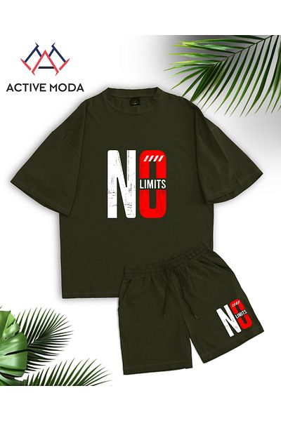 ACTIVE MODA -Men's Short Sleeve No Printed Tshirt-Shorts 2Pcs Set Large Size Oversize Cotton