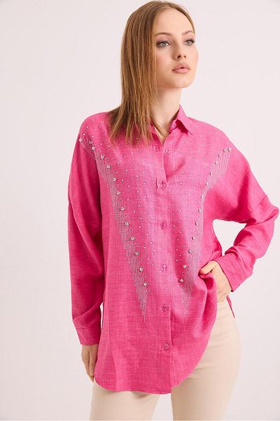 Raneel Kazançlı Alışveriş Stone Embroidered Comfortable Fit Linen Shirt Pink