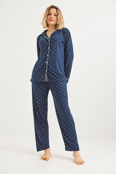 Raneel Kazançlı Alışveriş Buttoned Long Sleeve Pajama Set Navy Blue