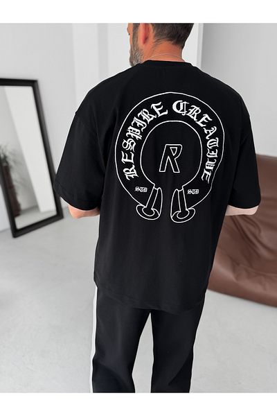 BYBASICMAN Black Creative Embroidered Oversize T-Shirt Res-5245