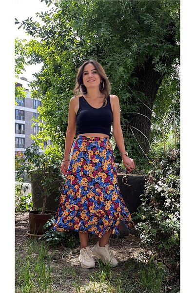 Quzu Floral Patterned Slit Skirt