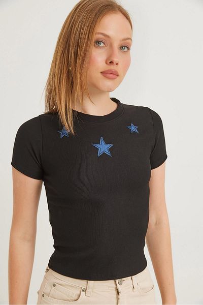 Raneel Kazançlı Alışveriş Star Detailed Corded Short Sleeve Crop Blouse Black