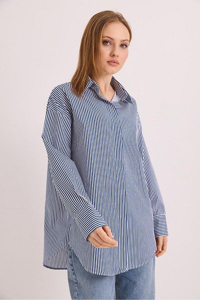 Raneel Kazançlı Alışveriş Cămașă Basic Oversize cu dungi Bleumarin