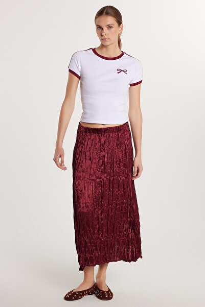 Tudors Kadın Regular Fit Desenli Saten Bordo Etek