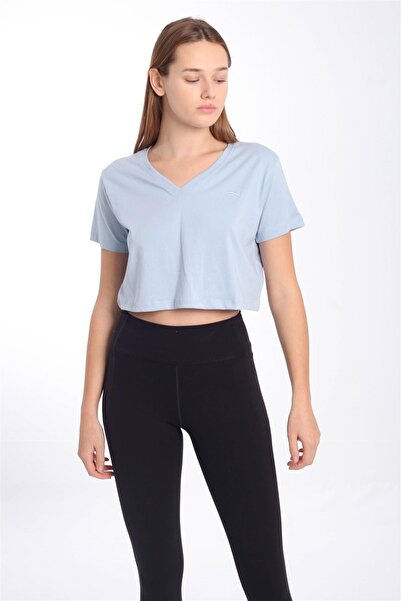 MARATON توب نسائي عادي بياقة على شكل حرف V باللون الأزرق