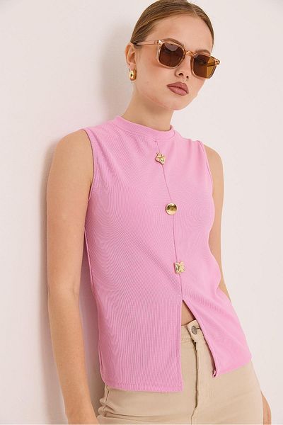 Raneel Kazançlı Alışveriş Crew Neck Gold Buttoned Ottoman Corded Blouse Pink