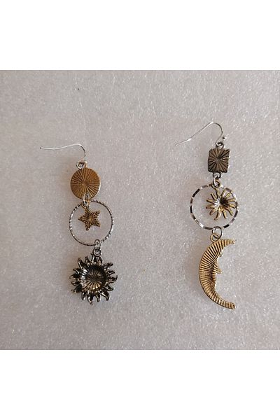 Butik Tülin Authentic Silver Bronze Moon Star Sun Dangle Earrings 7X2 cm Indian Made