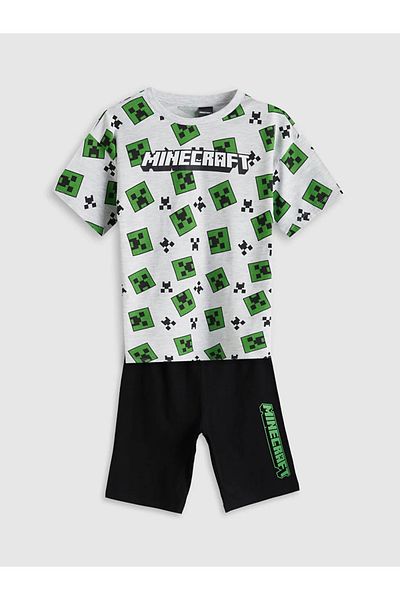 LC Waikiki Lcw Kids Gray Crew Neck Mine Craft Printed Boys' Shorts Pajama Set