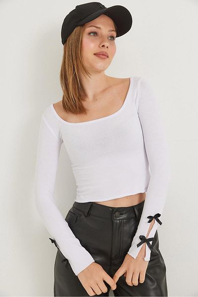 Raneel Kazançlı Alışveriş Square Neck Sleeves Bow Detailed Blouse White