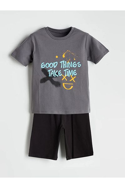 LC Waikiki Lcw Eco Gray Crew Neck Boy's Pajamas Set with Shorts