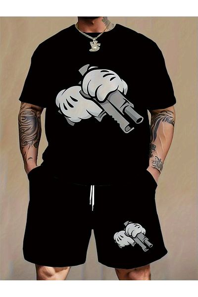 ACTIVE MODA - Men's Double Hand Toy Printed Short Sleeve Tshirt-Shorts 2-Piece Set Large Size Cotton