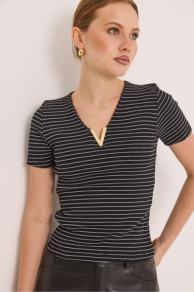 Raneel Kazançlı Alışveriş Collar Detailed Camisole Striped Knitted Blouse Black