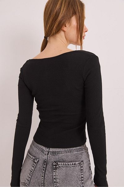 Raneel Kazançlı Alışveriş Square Neck Lace Button Detailed Knitted Blouse Black