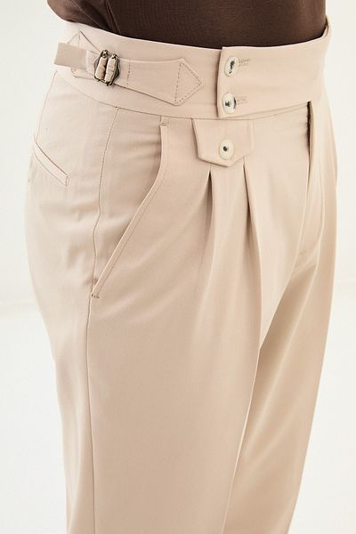 Mcr Straight Super Slim Fit Pleated Men's Trousers with Buckle Waist Beige - 38294.25Y