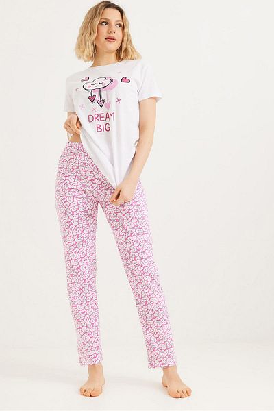 Raneel Kazançlı Alışveriş Printed Short Sleeve Pajama Suit White