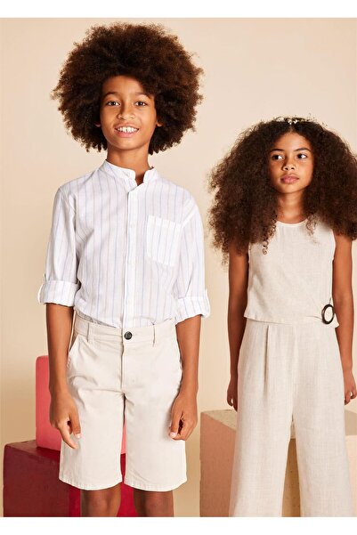 MAYORAL Cămașă cu mânecă lungă cu guler Mao în dungi pentru bărbați, albă 6141