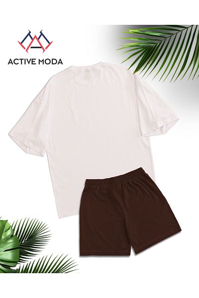 ACTIVE MODA -قميص رجالي بأكمام قصيرة بدون طباعة - شورت طقم مكون من قطعتين مقاس كبير من القطن