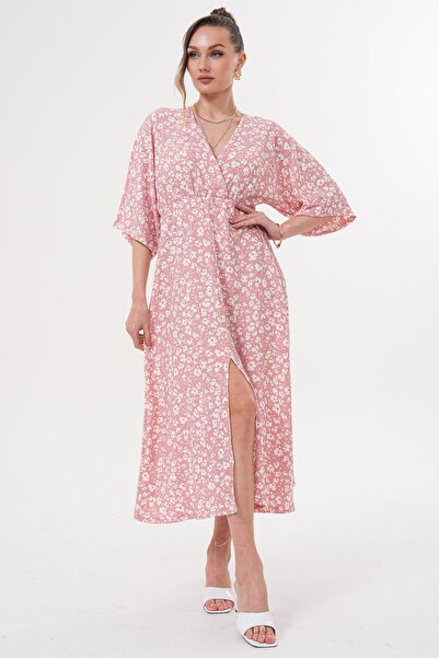 Siyezen Double Breasted Collar Elastic Waist Daisy Pattern Dress