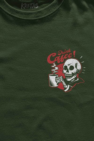 Kretas Χακί μπλουζάκι Drink Coffee Skull Coffee Funny Leisure εμπριμέ Unisex T-shirt