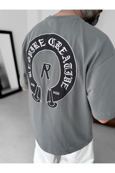 BYBASICMAN Füme Creative Nakışlı Oversize T-Shirt RES-5245