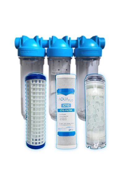 AQUAFLO 10" 3'lü Daire Bina Girişi Su Arıtma Sistemi (Silifoz, yıkanabilir ve...