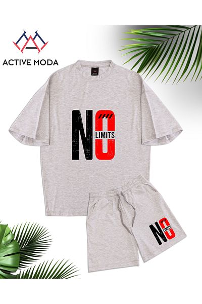 ACTIVE MODA Men's Short Sleeve No Printed Tshirt-Shorts 2-Piece Set Large Size Oversize Cotton