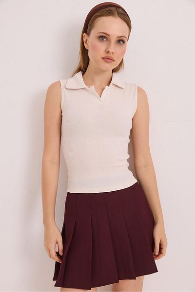 Raneel Kazançlı Alışveriş Μηδενικό μανίκι Polo Neck Basic Πλεκτή Μπλούζα Καμισόλα Εκρού