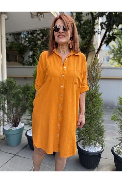 DenizEge Cotton Shirt Dress Orange